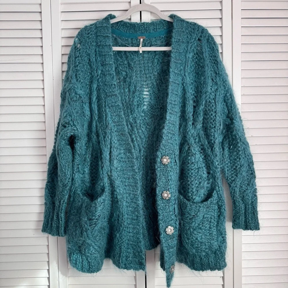 Free People Aran Isle Chunky Knit Mohair Cardigan Sweater Teal Blue Size XS